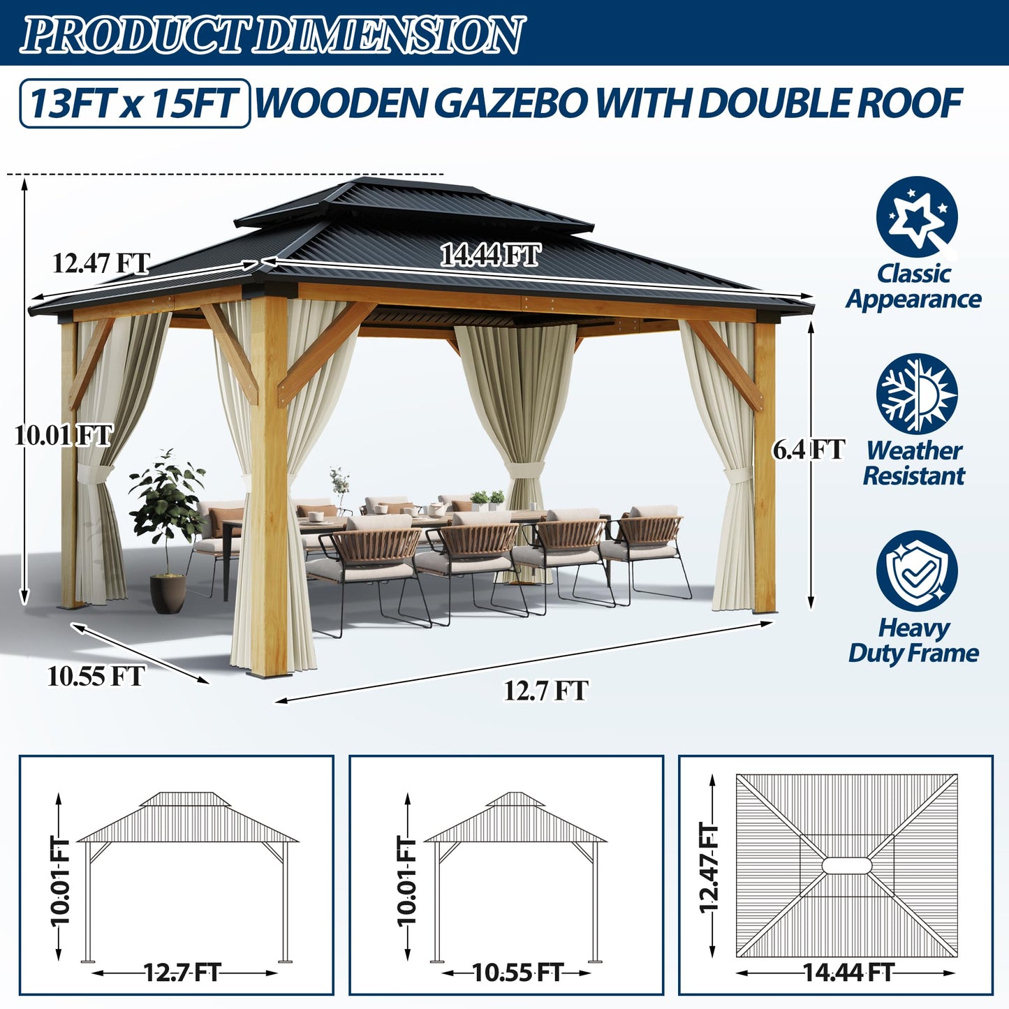 COVERONICS 13FT x 15FT Outdoor Cedar Wooden Gazebo - Patio Wood Frame Gazebo with Galvanized Steel Hardtop, Heavy-Duty Hardtop Gazebo with Netting & Curtains for Garden, Poolside, Deck, Backy - WoodArtSupply