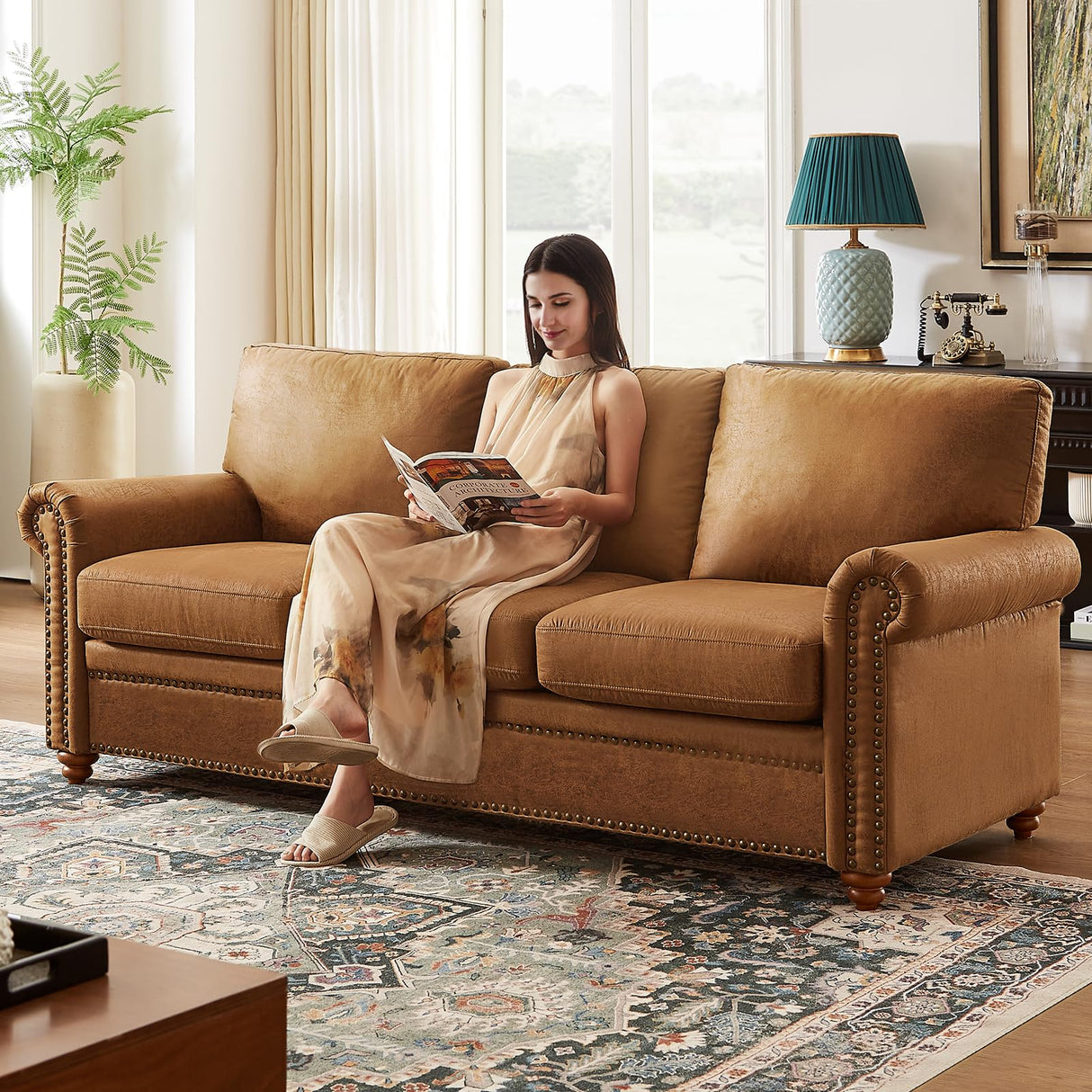 ONBRILL 84" Faux Leather Couch, Mid-Century Modern Couch w/Brass Nailhead Trim, 3 Seater Leather Sofa Couch w/Rolled Arm, Pocket Spring Cushions, Gourd Feet, Brown Couch Leather Sofas for Living Room ONBRILL