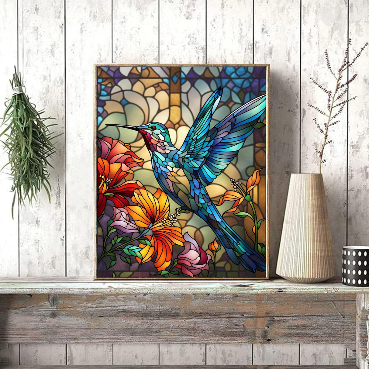 xackcme Hummingbird Paint by Numbers for Adults - Stained Glass Paint by Number on Canvas Without Frame, DIY Bird Oil Painting for Gift Home Wall Decor (16x20 inch) xackcme