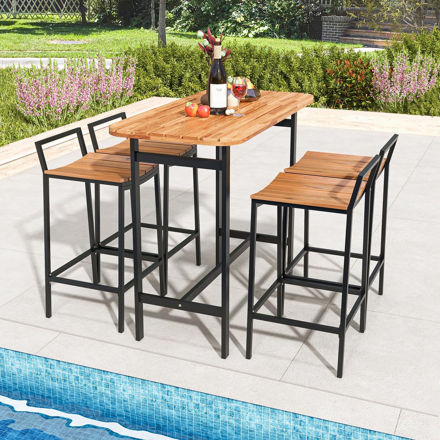 HAPPYGRILL 5-Piece Acacia Wood Outdoor Bar Set with Metal Frame & Footrest