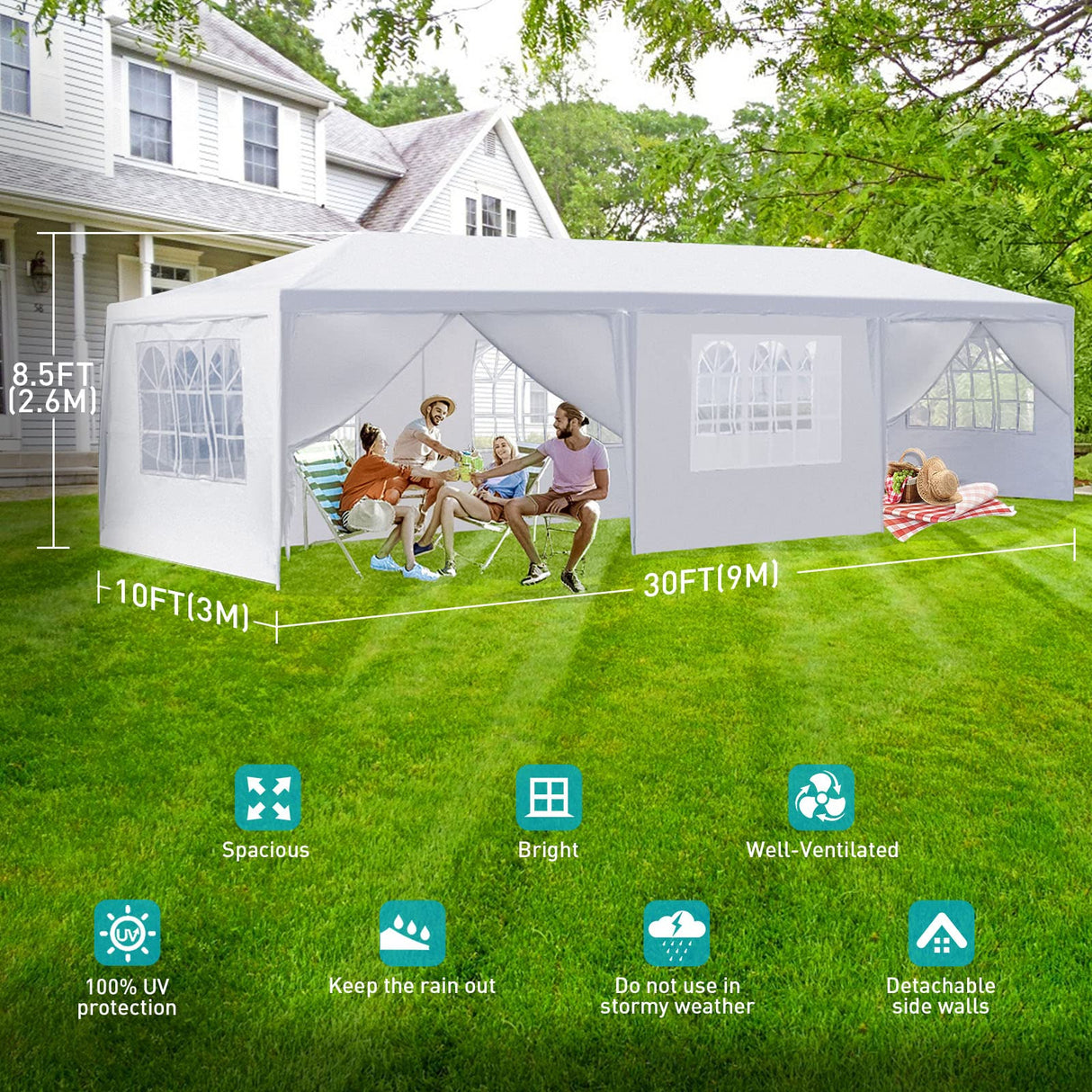 10x30 Party Tent, Outdoor Tents for Parties, White Wedding Tent, Event Tent, Large Canopy Tent with 8 Removable Sidewalls, Big Gazebo Tent for Backyard, Garden ANTSKU