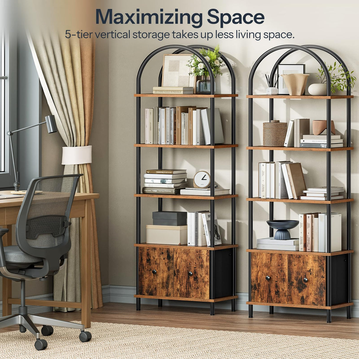 HOOBRO 5-Tier Bookshelf, Arched Bookcase with 2 Drawers, Tall Industrial Style Display Rack, Modern Standing Bookcase with Metal Frame for Office, Bedroom, Kitchen, Rustic Brown and Black BF175SJ01 HOOBRO