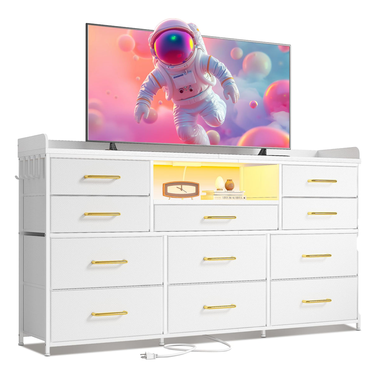 EnHomee Dresser for Bedroom with 11 Drawers for 60" TV Stand for Bedroom with LED Lights & Charging Station Long Dresser with Shelves & 4 Hooks Sturdy Metal Frame & Fabric Drawers (White) EnHomee