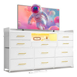 EnHomee Dresser for Bedroom with 11 Drawers for 60" TV Stand for Bedroom with LED Lights & Charging Station Long Dresser with Shelves & 4 Hooks Sturdy Metal Frame & Fabric Drawers (White) EnHomee