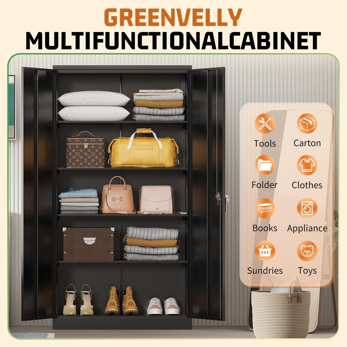 Greenvelly Metal Storage Cabinet with Lock, 72" H Black Metal Garage Storage Cabinet with Doors and 4 Shelves, Lockable Steel Tool Cabinets for Garage, Home, Office, Shop, School(36" W x 18" D) Greenvelly