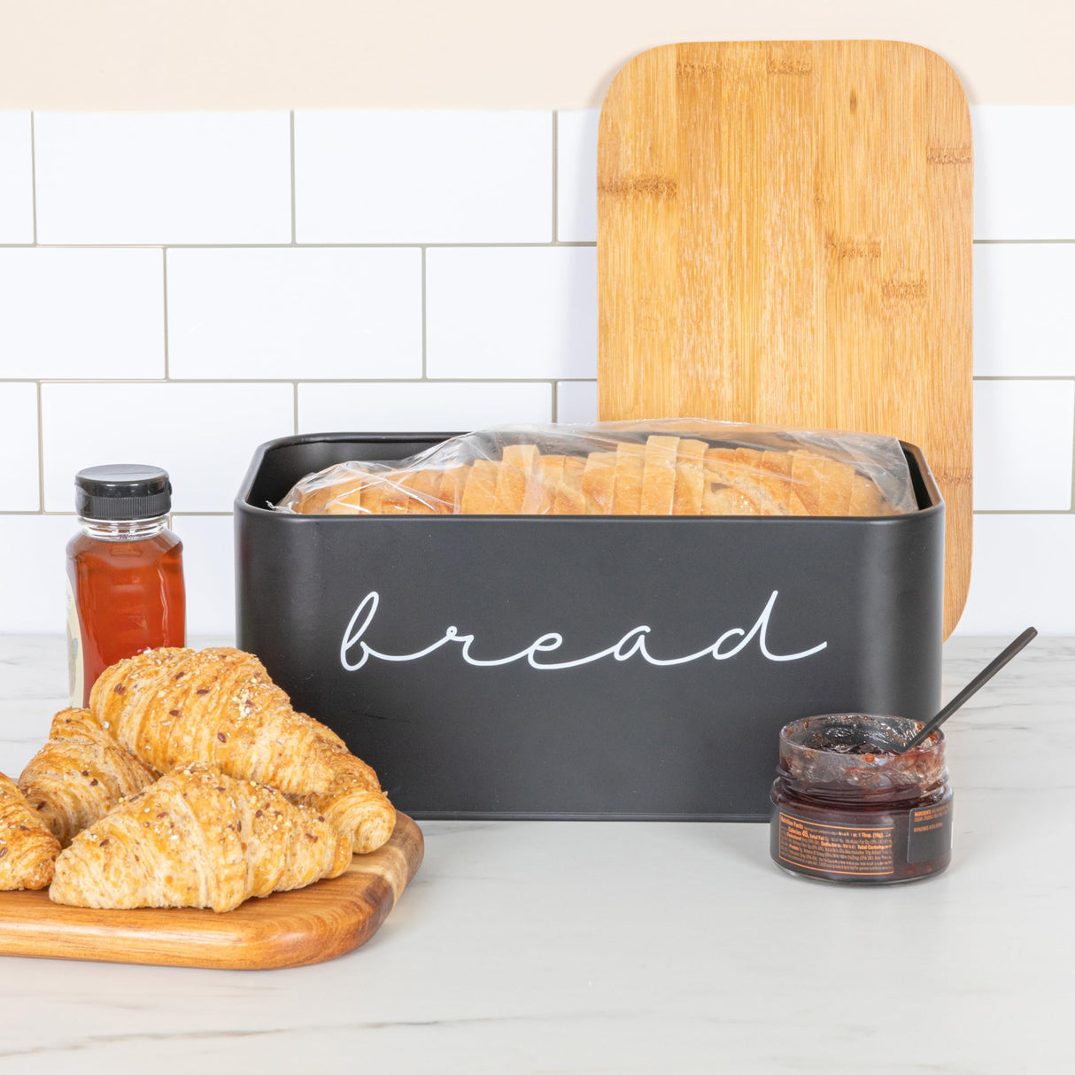 Bloomingville Metal Bin with Bamboo Lid, Black Bread Box, 11.75" L x 5.25" W x 7" H Bloomingville
