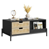 GAOMON Modern Coffee Table, 39.4" Rectangular Coffee Table with Nature Rattan Drawers and Storage Shelves, Funky Center Table with Led Lights, Black Cocktail Table for Living Room Apartment GAOMON