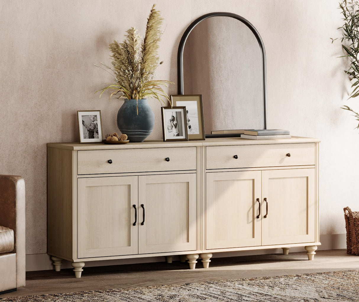 WAMPAT Buffet Cabinet with 4 Doors and 2 Drawers, Large Coffee Bar Table Wood Kitchen Storage Cabinets with Storage Cabinets, Modern Farmhouse Sideboard Credenza for Dining Room, Beige, 68 inch WAMPAT