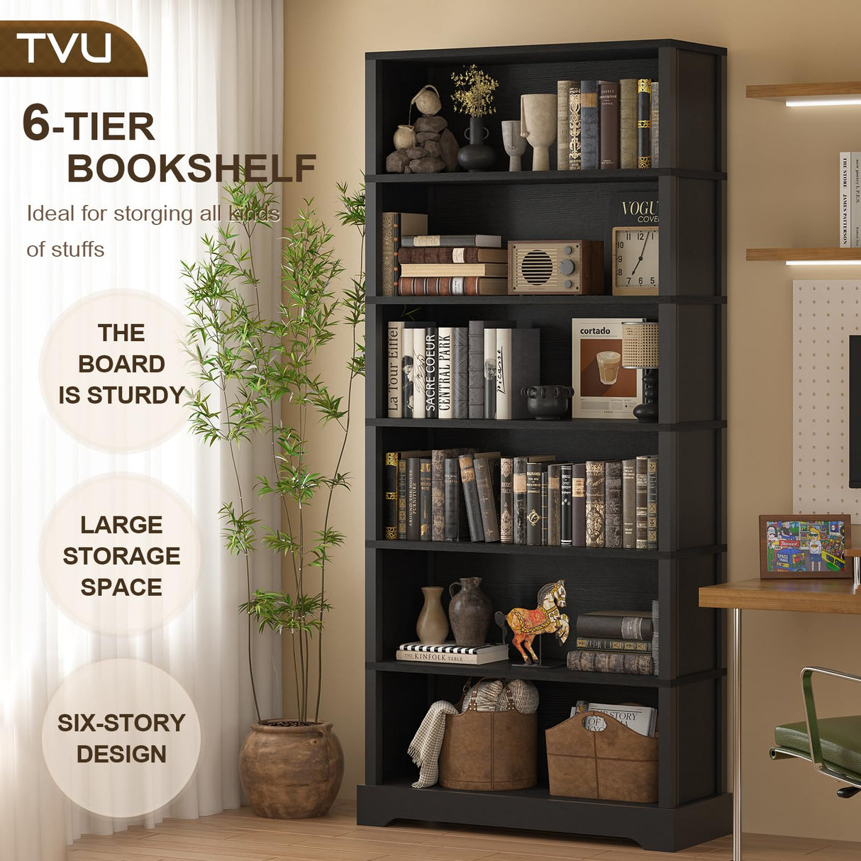 TVU 6-Tier Wooden Bookshelf, 77.2" Tall Farmhouse Style Open Bookcase, 31.5" W Standing Book Shelf with Storage, Suitable for Study, Living Room, Office, Blcak TVU