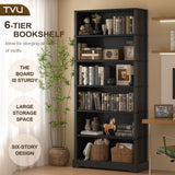 TVU 6-Tier Wooden Bookshelf, 77.2" Tall Farmhouse Style Open Bookcase, 31.5" W Standing Book Shelf with Storage, Suitable for Study, Living Room, Office, Blcak TVU