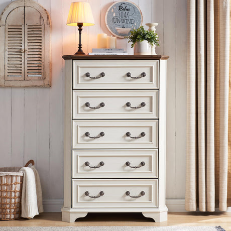 T4TREAM Farmhouse 5 Drawers Dresser for Bedroom, 48" Tall Wood Rustic Chest of Drawers with Natural Texture, Vintage Design, Storage Dressers Organizer for Bedroom, Living Room, Hallway, Antique White T4TREAM