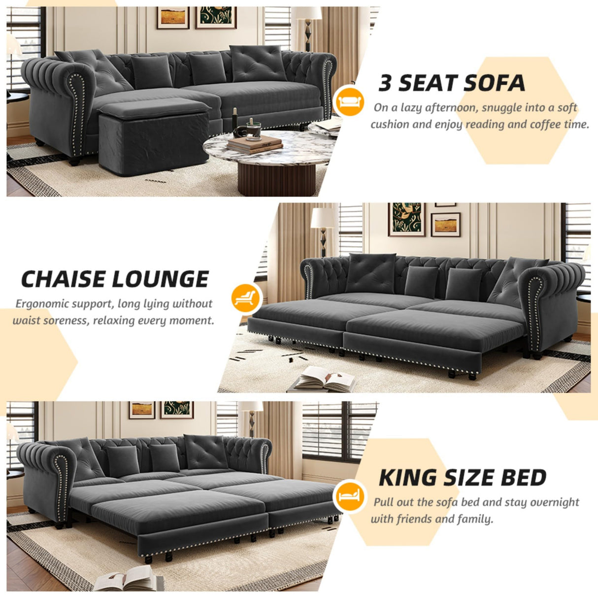 89" Velvet Pull Out Sofa Bed - 3-in-1 Convertible Sleeper Sofa with Ottoman, Button Tufted Chesterfield Sofa, Pull-out King Size Couch Bed, Space Saving for Small Spaces Apartments, Living Room, Grey Justdwells