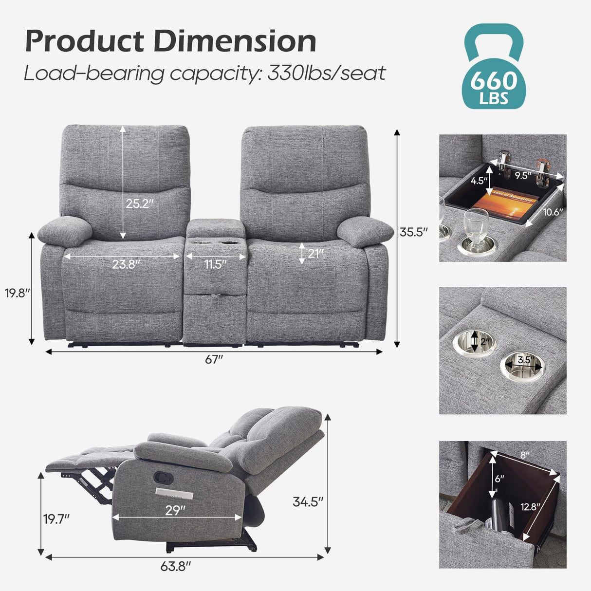 RIHEREFY Loveseat Recliner Sofa, Wall Hugger Recliner, Manual Reclining Loveseat with Console for Living Room, Home Theater, RV(Dark Gray) RIHEREFY
