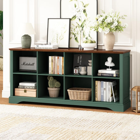 Athyrios 8 Cube Storage Organizer - 62" Long Farmhouse Wood Low Bookshelf, Horizontal Open Shelf Bookcase Cubby Storage Console Cabinet for Living Room, Entryway, Office, Green Athyrios