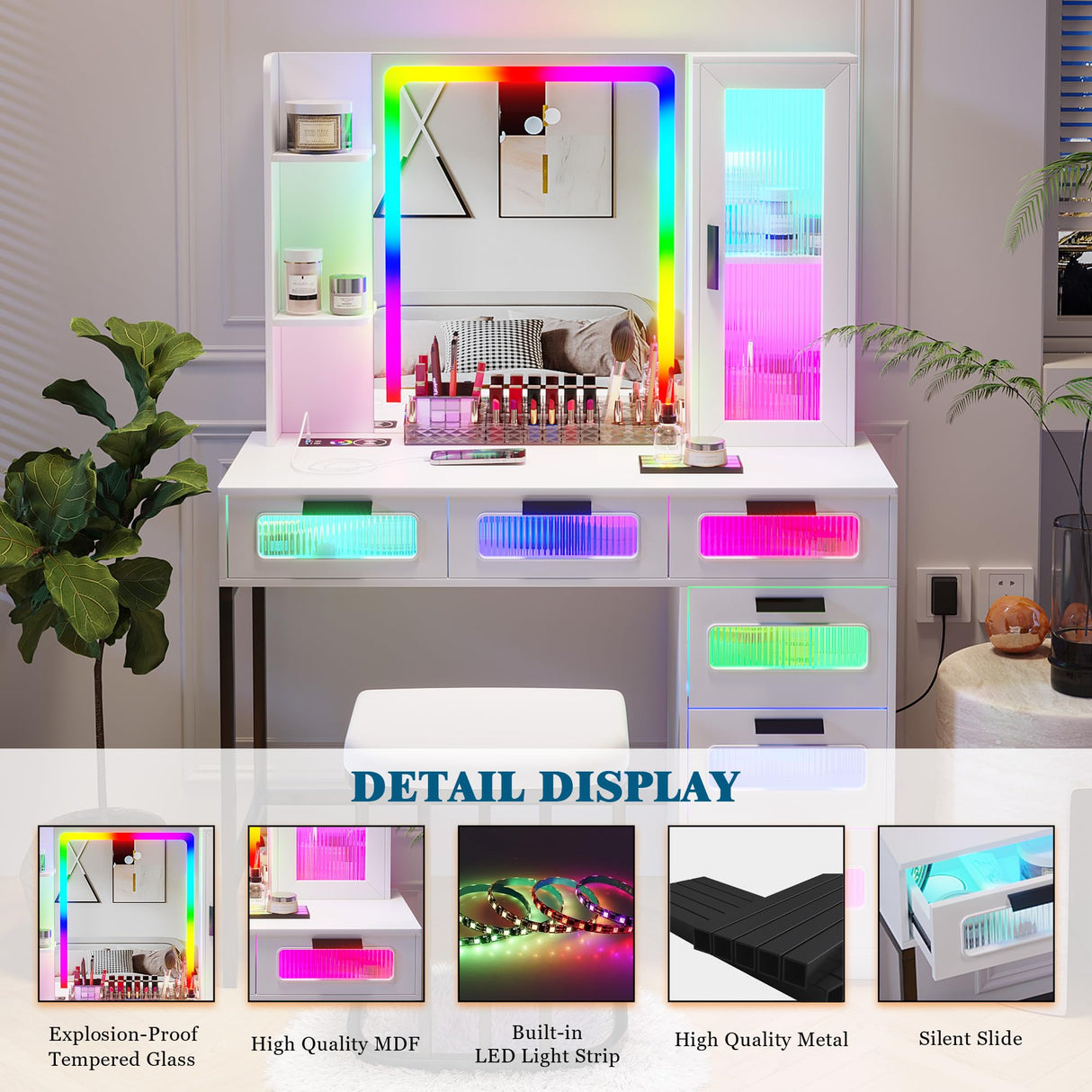 HNEBC RGB Vanity Desk with Mirror and Lights, LED Vanity Makeup Desk with USB/Wireless Charger Station, Vanities Dressing Table Sets with 6 Drawers/Cabins/Stool/Shelves for Bedroom&Cloakroom(White) HNEBC