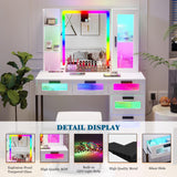 HNEBC RGB Vanity Desk with Mirror and Lights, LED Vanity Makeup Desk with USB/Wireless Charger Station, Vanities Dressing Table Sets with 6 Drawers/Cabins/Stool/Shelves for Bedroom&Cloakroom(White) HNEBC