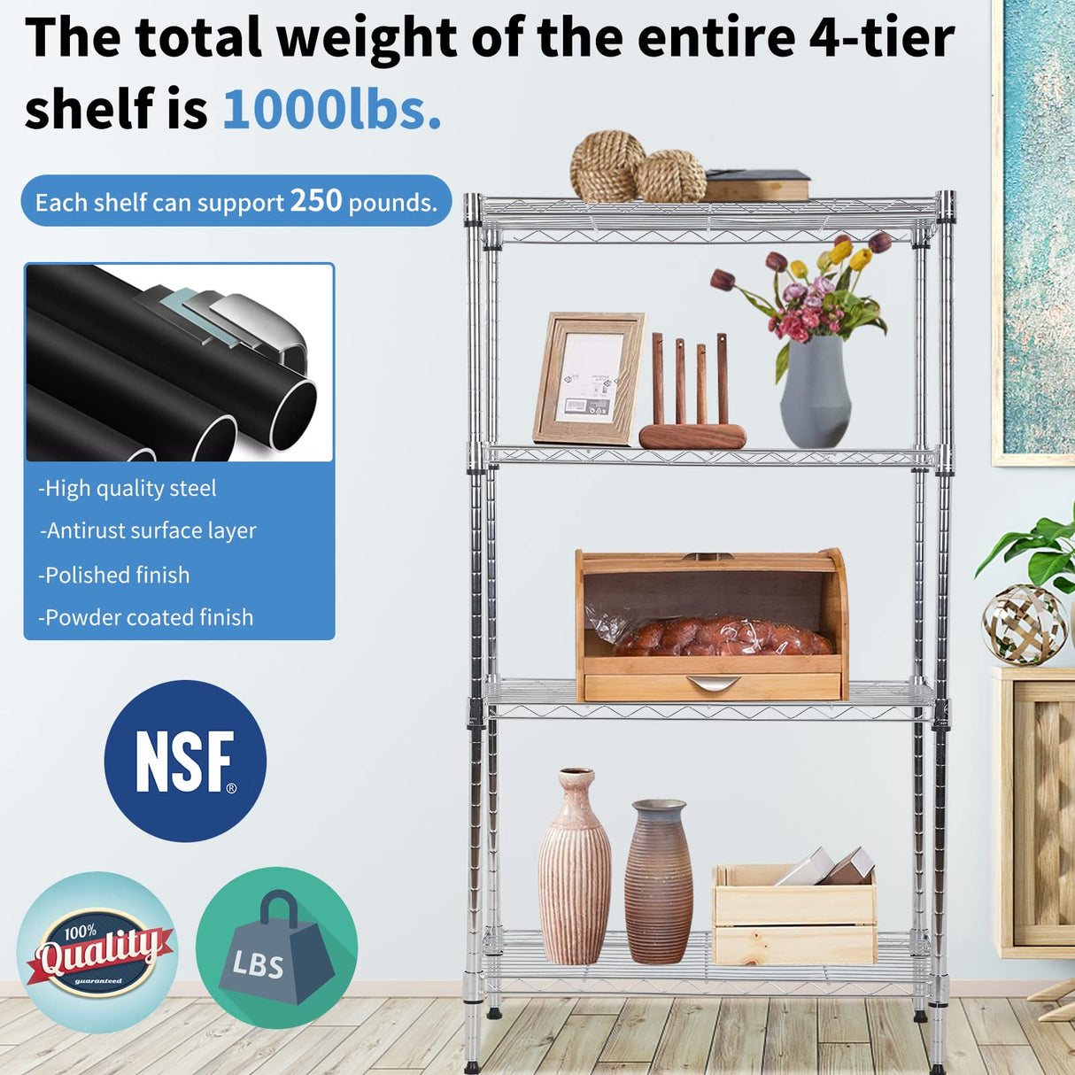 4 Tier Metal Storage Shelves 36" L x 14" W x 54"H Adjustable Wire Shelving Unit 1000LBS Metal Shelves Garage Storage Pantry Shelves Storage Rack Wire Rack Shelf Steel Shelves for Storage, Chrome XXkseh