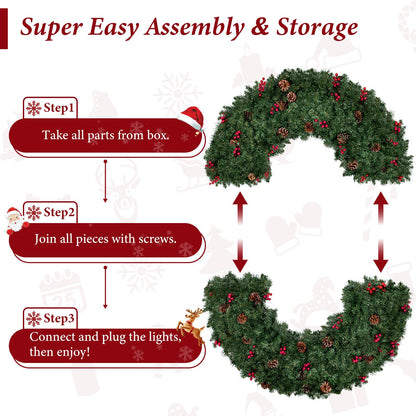 TOWPONICS 48in Large Artificial Pre-Lit Christmas Wreath, 240 LED Warm White Lights & 630 PVC Tips, Xmas Wreath Holiday Accent Decor with Pine Cones & Berries for Front Door, Garden, Plug-in, Green