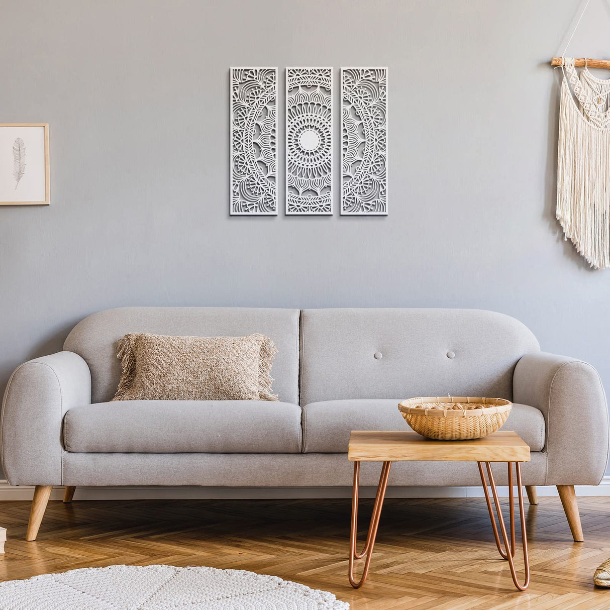 Blulu 3pcs Mandala Wall Art Carved Wood Wall Art Floral Aesthetic Wooden Plaque Set Wood Carving Decor Farmhouse Modern Cutout Plaque for Home Bathroom Decoration(15.8 x 5.1 Inch,White) Blulu