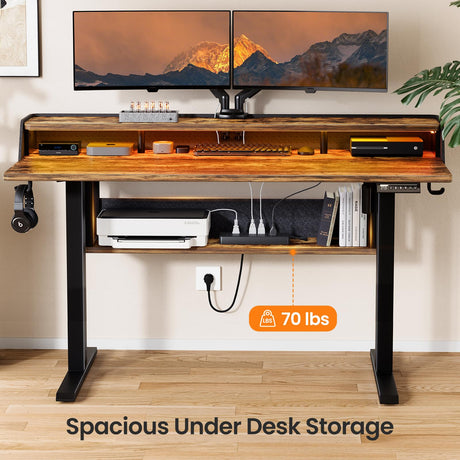 ErGear Standing Desk, 48x24 Inch Electric Standing Desk with Shelves, Height Adjustable Desk with Monitor Stand and Storage, Gaming Sit Stand Up Desk with LED Light for Home Office, Vintage Brown ErGear
