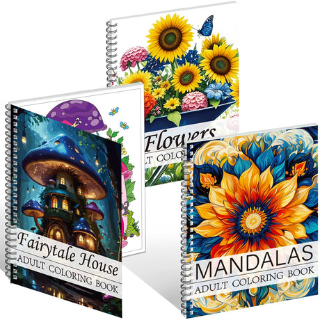 Aannanl Adult Coloring Book Set of 3 Coloring Books for Adults Relaxation Include Mandalas,Flowers and Fairytale House Theme,Color Books for Women Men to Relieve Anxiety and Stress Relief Aannanl