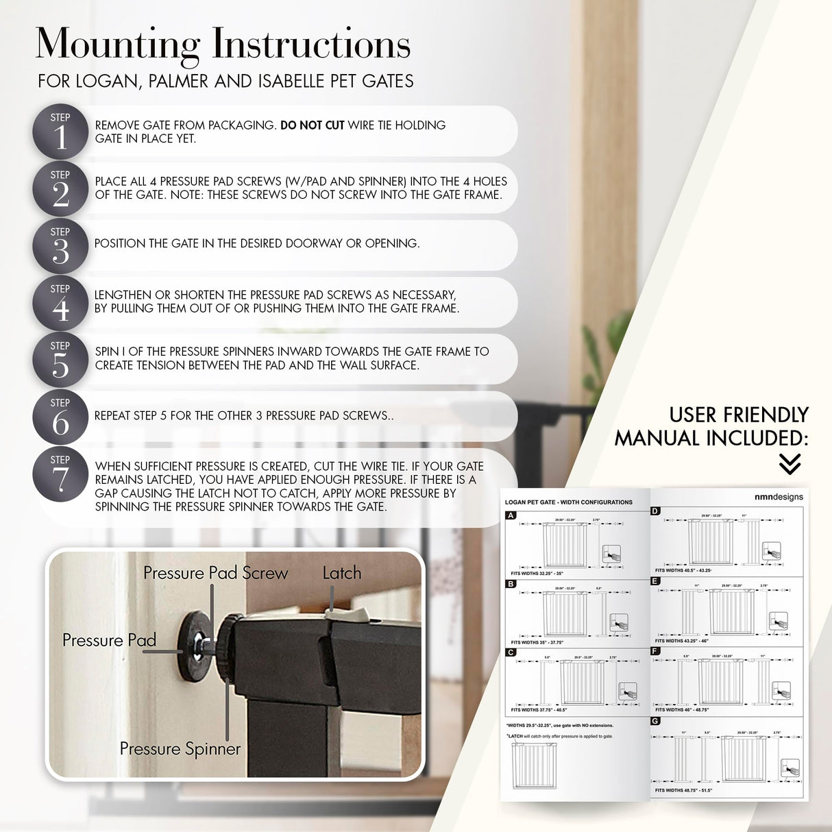 NMN Designs Logan Dog Gate - Indoor Pet Barrier and Wooden Dog Gate with Walk Through Swinging Door - Pressure Mounted for Walls and Stairs - Puppy Gates for The House - Expandable 29.5" to 51.5" NMN Designs