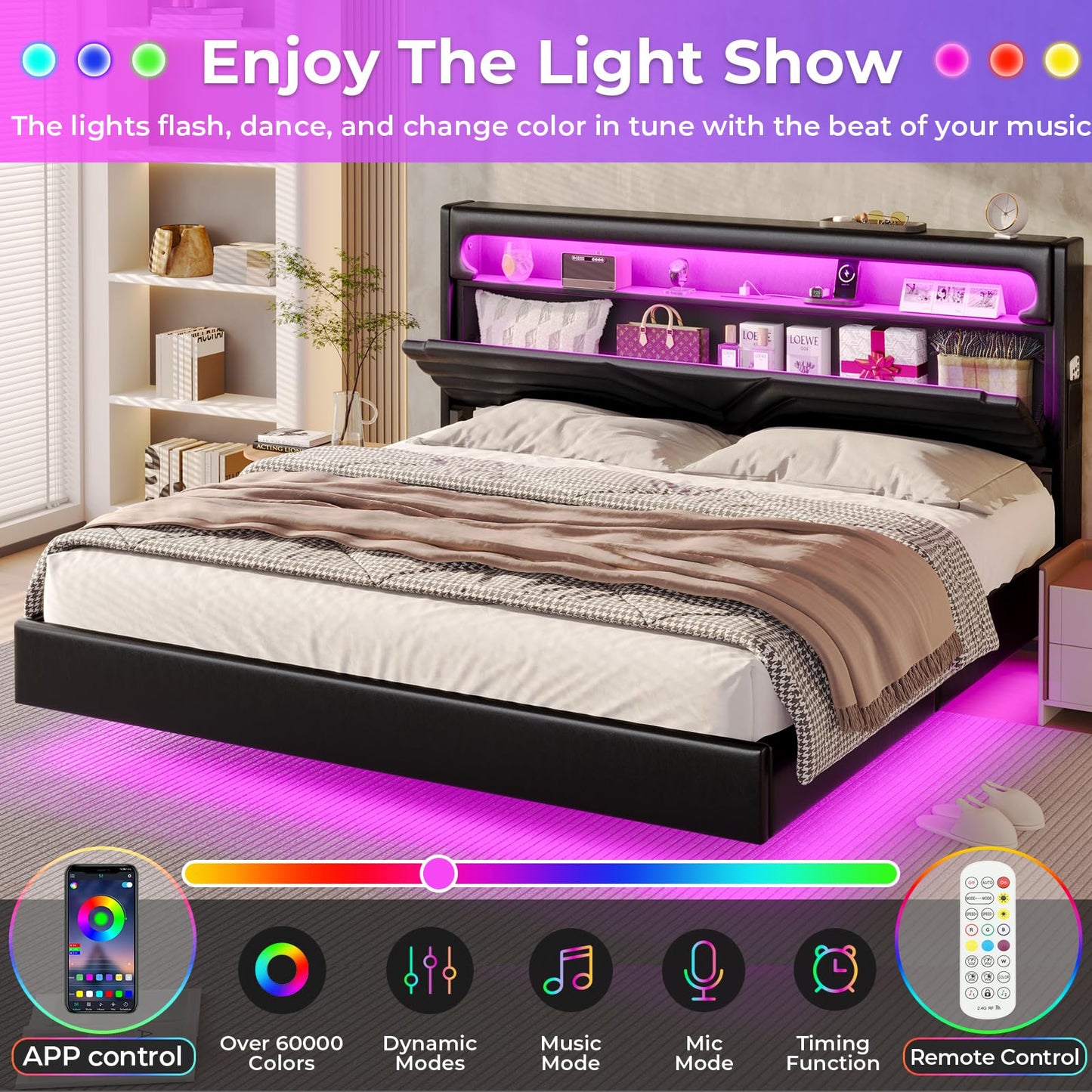 BTHFST Modern Floating King Size Bed Frame with RGB Lighting and USB Charging Station - WoodArtSupply