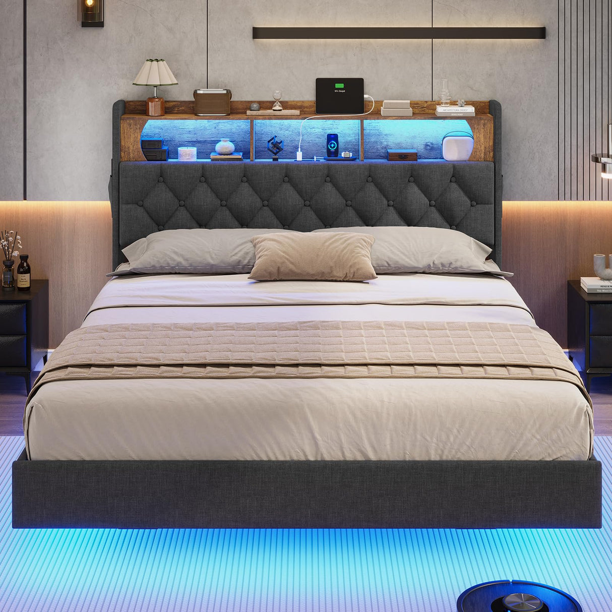 Floating Queen Bed Frame with RGB LED Headboard, USB Ports & Storage - ADORNEVE Dark Gray Upholstered Platform ADORNEVE