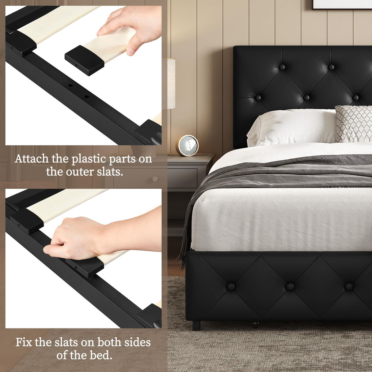 Yaheetech Full Bed Frame Upholstered Bed Frame with Adjustable Diamond Button-Tufted Headboard/3 Drawers Storage, Queen Platform Bed/Strong Wooden Slats, Black Full Bed Yaheetech