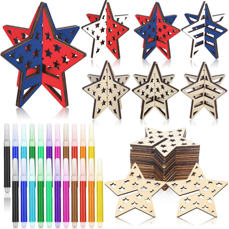 Chivertion 24 Pcs 3D 4th of July Wooden Stars DIY Crafts to Paint Unfinished Memorial Day Patriotic Wood Star Cutouts Ornaments Slices with 24 Colored Marker for Kid Adult Independence Day Home Decor Chivertion