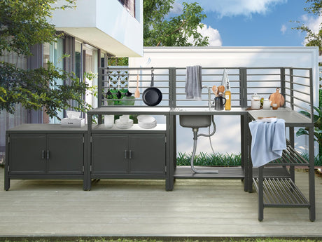Domi 5-Piece Outdoor Kitchen Island with Storage, Aluminum Kitchen Islands Stainless Steel Sink w/Faucet, Corner Bar Storage Cabinet, Outdoor Kitchen with Protective Cover for Deck, Patio domi outdoor living