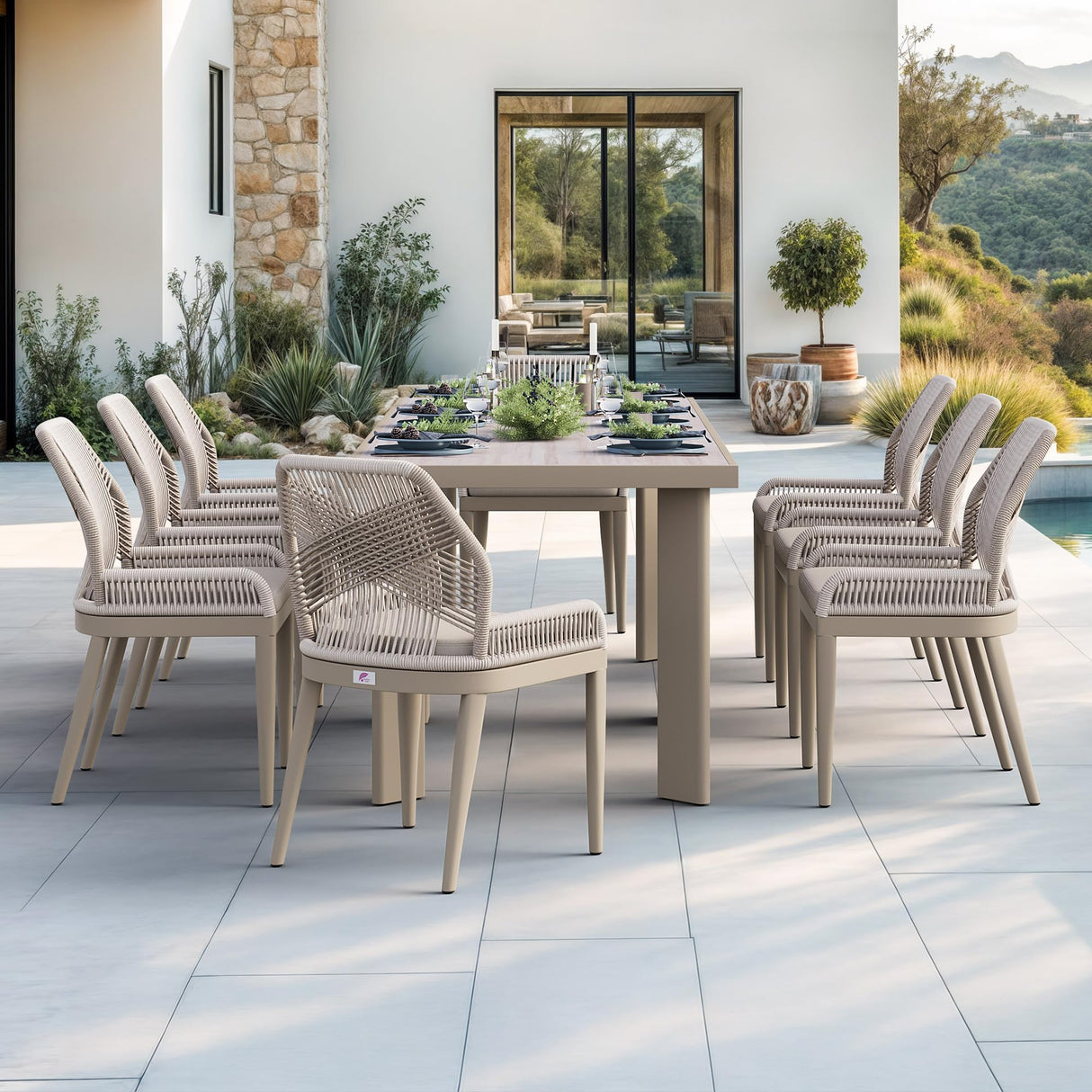 PURPLE LEAF 9 Pieces Patio Dining Set Aluminum Modern Rectangular Table and Wicker Chairs with Cushions for Kitchen Porch Garden Outdoor Furniture Sets, Champagne PURPLE LEAF