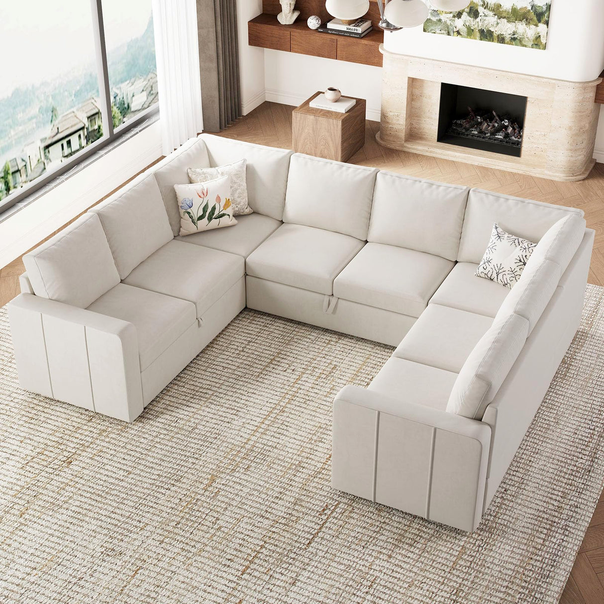 Belffin Modular Sectional Sleeper Sofa Bed with Pull Out Couch, Oversized U Shaped Sleeper Pull Out Bed with Storage Loveseat, Convertible Sectional Couches for Living Room, Beige Belffin