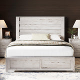 AMERLIFE Farmhouse Queen Size Bed Frame with 49" Fluted Headboard, Wood Platform Bed with Natural Grain, No Box Spring Needed/Noise Free, Distressed White AMERLIFE