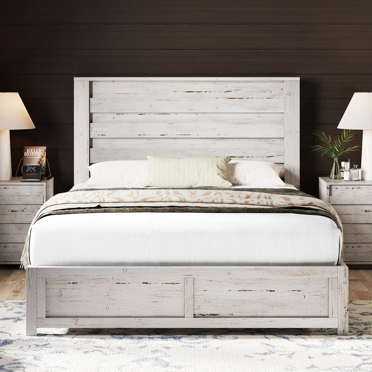 AMERLIFE Farmhouse Full Size Bed Frame with 49" Fluted Headboard, Platform Bed with Natural Wood Grain, No Box Spring Needed/Noise Free, Distressed White AMERLIFE