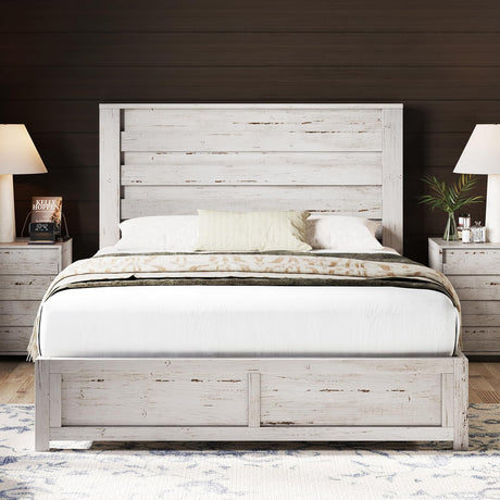 AMERLIFE Farmhouse Full Size Bed Frame with 49" Fluted Headboard, Platform Bed with Natural Wood Grain, No Box Spring Needed/Noise Free, Distressed White AMERLIFE