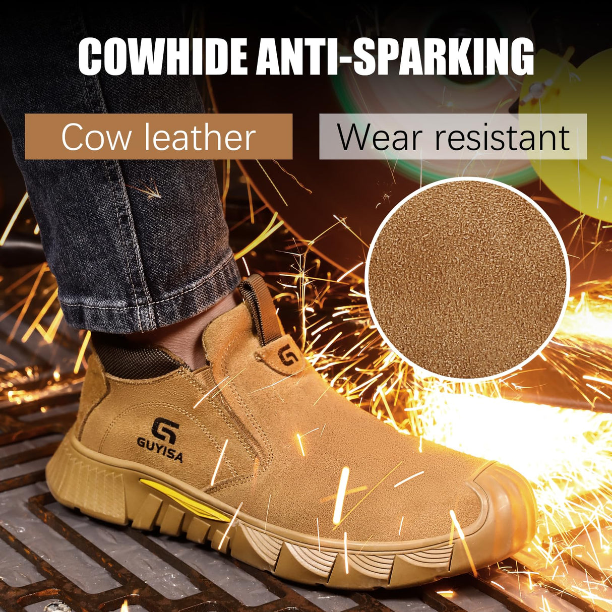 GLANOUDUN Welding Work Boots for Men Slip on Steel Toe Boots Soft Men's Steel Toe Shoes Safety Toe Work Shoes Indestructible Construction Boots Welder Boots,Brown GLANOUDUN