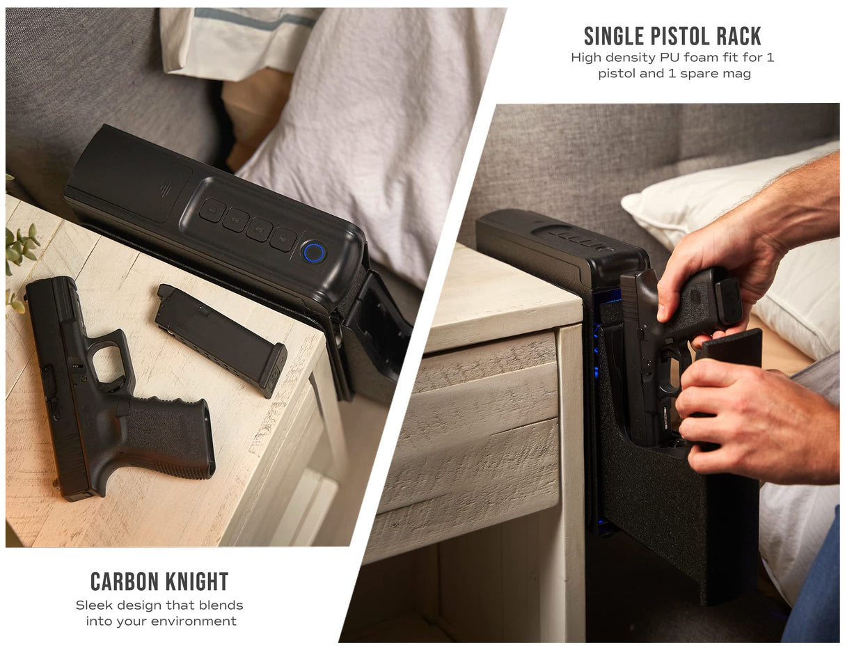 RPNB Gun Safe,Mounted Biometric Nightstand Handgun Safe with Quick Access Sliding Door, Pistol Safes for Wall Bedside Desk Vehicle with the Fingerprint, Keypad, Pistol Holder,Carbon Knight Series RPNB
