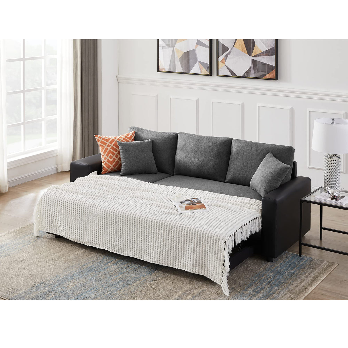 ARCLIS 92.5" Sleeper Sofa Bed, Convertible 3-Seater L-Shape Couch Bed with Storage Chaise 2 Stools Pull Out Sofa Bed, Corner Sectional Sleeper Couch for Living Room Apartment (Gray) ARCLIS