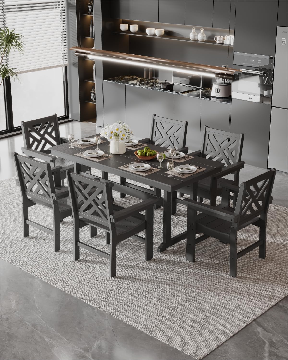 BIVODA 7-Piece Outdoor Dining Set, HDPE All-Weather Patio Table and Chairs Set for 6, Outdoor Patio Furniture Sets with Umbrella Hole for Outside, Deck, Backyard, Garden (Black) BIVODA