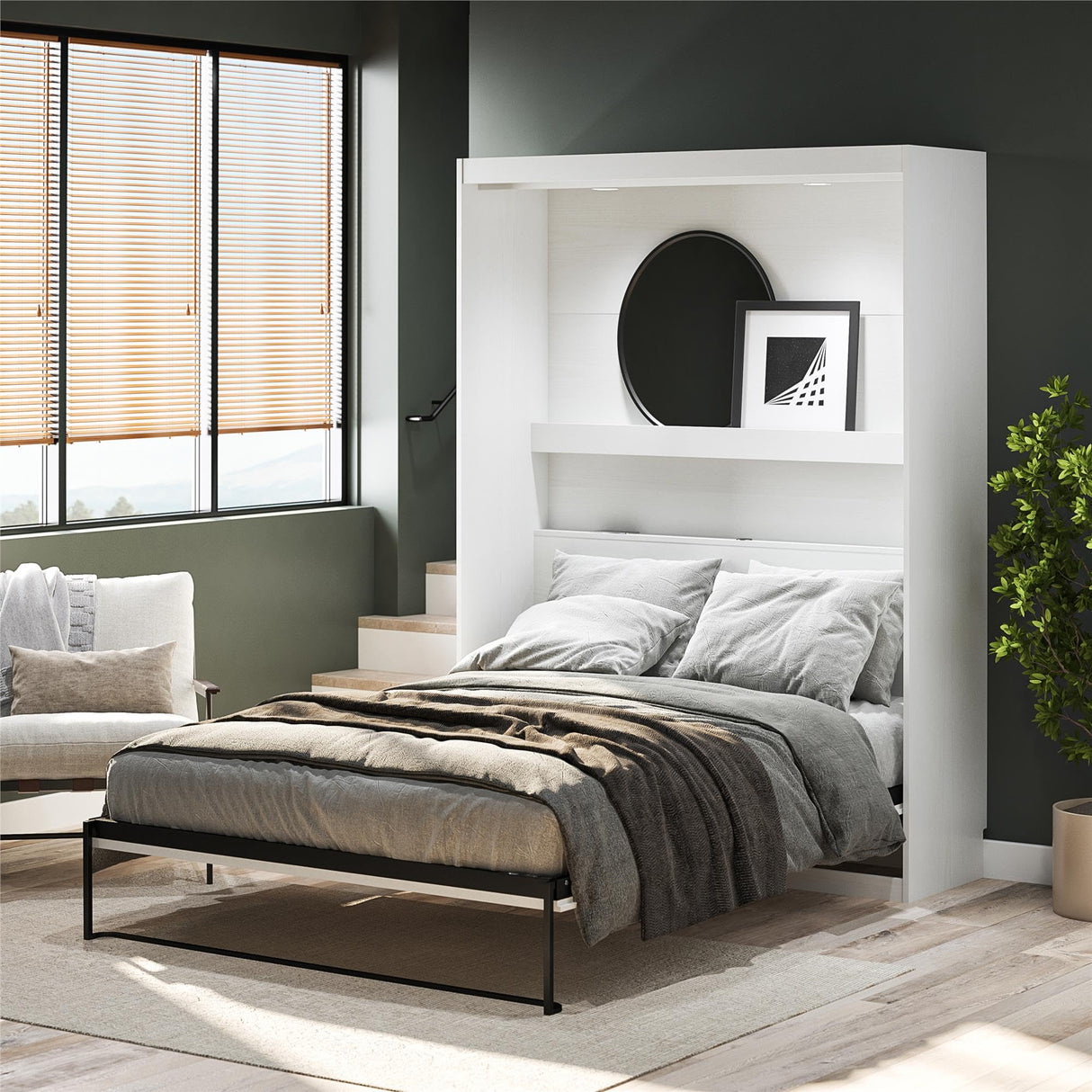 REALROOMS Radiance Queen Size Wood Murphy Bed with Gallery Shelf and LED Lighting, Space-Saving Fold-Out Wall Bed for Bedroom or Guest Room, White REALROOMS