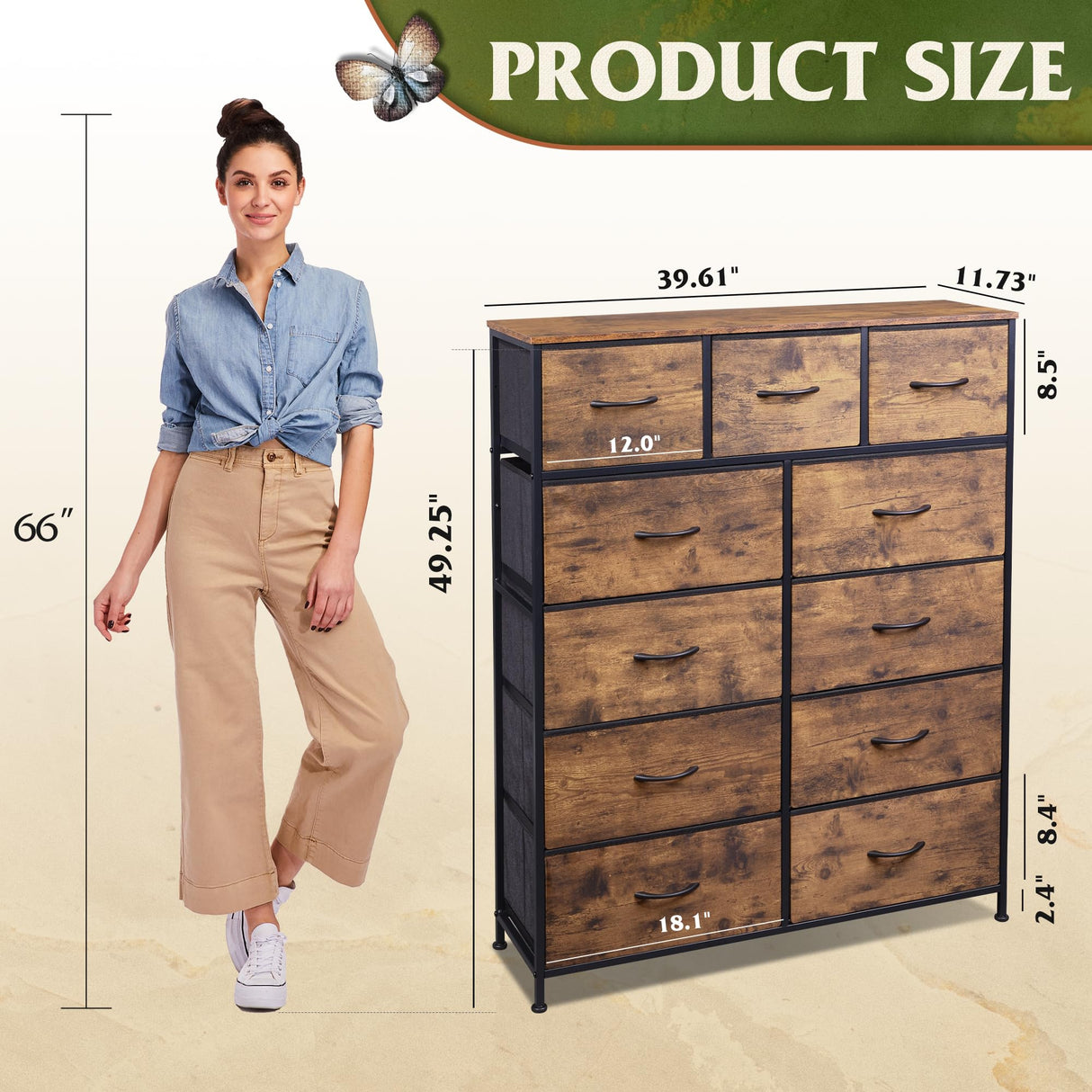 WLIVE Tall Dresser for Bedroom, Fabric Dresser Storage Tower, Dresser & Chest of Drawers Organizer Unit with 11 Drawers, Storage Cabinet, Hallway, Closets, Steel Frame, Wood Top WLIVE