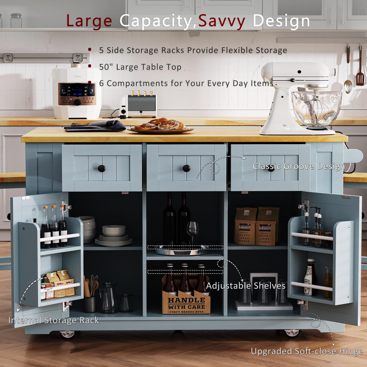 Amposei Kitchen Storage Island on Wheels with Drop Leaf & Power Outlet, Rolling Kitchen Island Cart with Open Side Racks, Door Shelves and Towel Bar, 53-Inch, Gray Blue