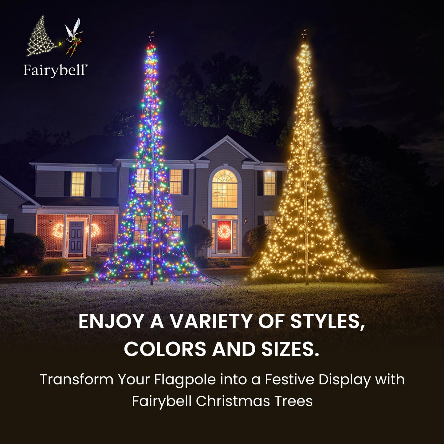 Fairybell - Flagpole LED Christmas Tree - Outdoor Christmas Decorations - Warm White - 2,000 LED Tree - 20ft - Suitable for Existing Flagpoles