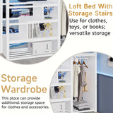 Mirightone Full Size Loft Bed with Stairs, Metal Loft Beds, High Loft Bed Frame with Storage Shelves, Lofted Full Bed with Wardrobe for Kids and Teens, No Box Spring Needed (White) Mirightone