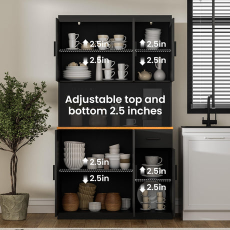 DIYART Black Kitchen Pantry Cabinet, 71" Tall Kitchen Storage Cabinet with Power Outlet, Freestanding Kitchen Hutch with countertop DIYART