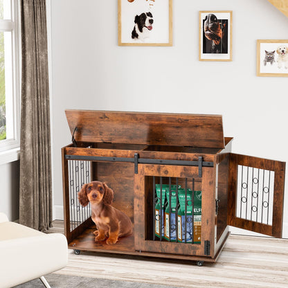 2 Rooms Dog Crate Furniture with Movable Divider,39" Wooden Dog Crate Table,Wooden Dog Kennel Pet House Cage,Flip Top 39.37”Wx25.2”Dx28.94”H