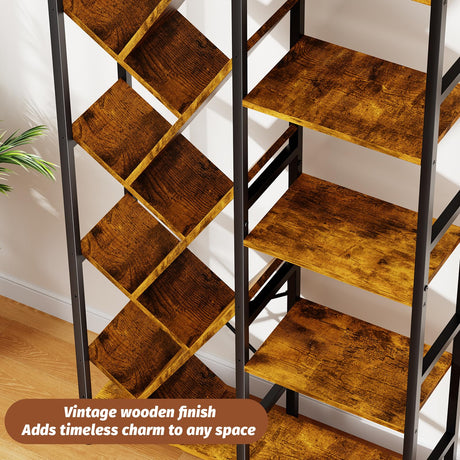 5-Tier Double Wide Bookshelf 67" , Industrial Tree BookShelves, Vintage Storage Rack with 14 Open Shelves, Large Bookcase, Wooden and Metal Bookshelves, Wide Display Rack for Home Office Decorative Cutogxon