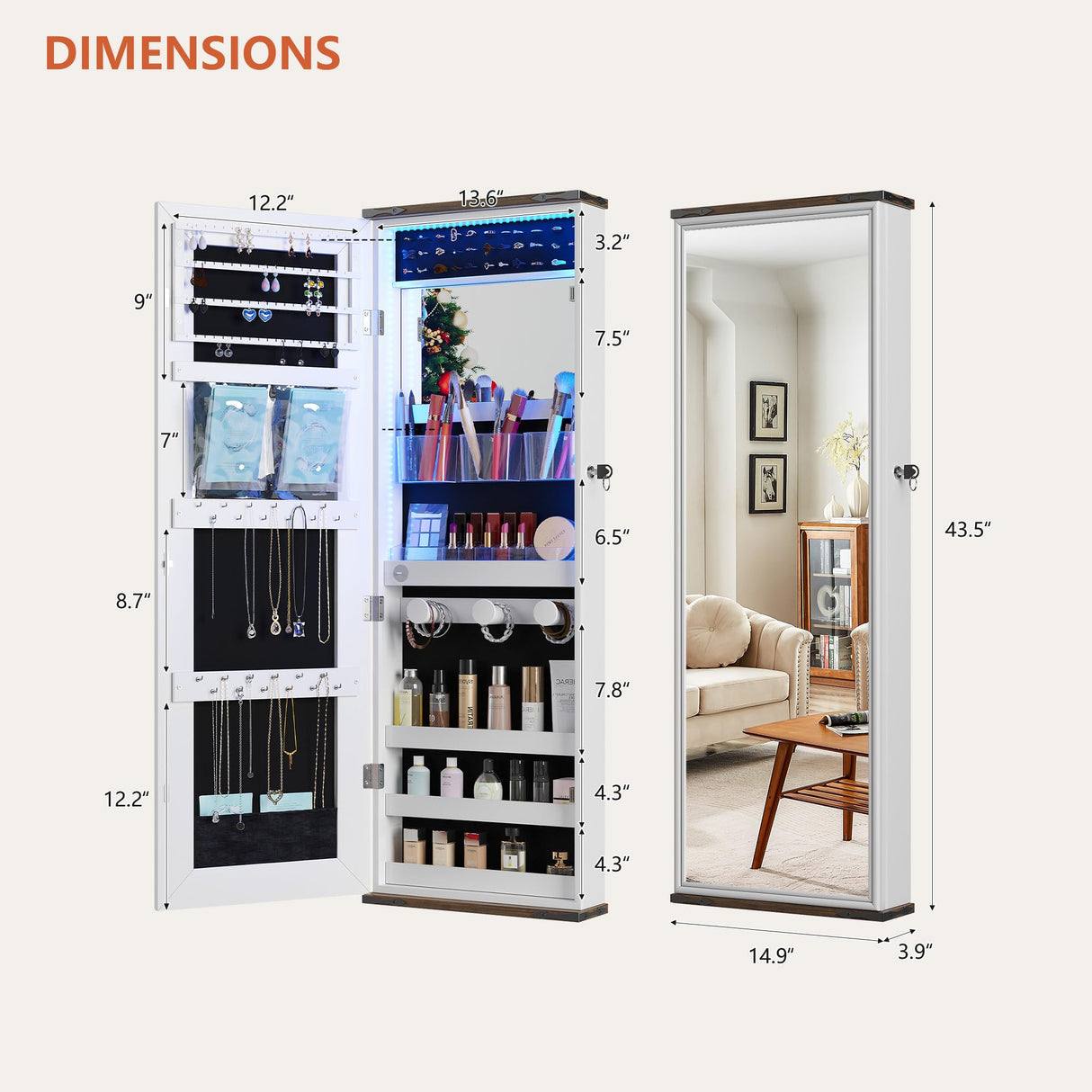 FREDEES Farmhouse Jewelry Organizer,Jewelry Armoire Cabinet with LED Lights Wall or Door Mounted, Full Length Mirror with Storage&Lockable,Interior Mirror,White FREDEES