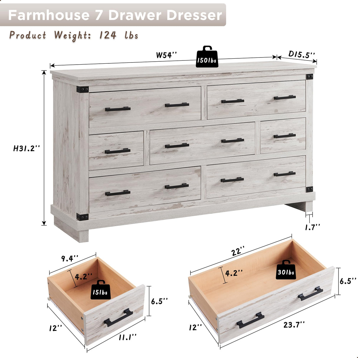 Farmhouse 7 Drawers Dresser for Bedroom, Wood Large Chest of Drawers with Thick Plank Styling, Rustic Closet Dresser for Bedroom, Living Room, Antique Brush White RedLemon